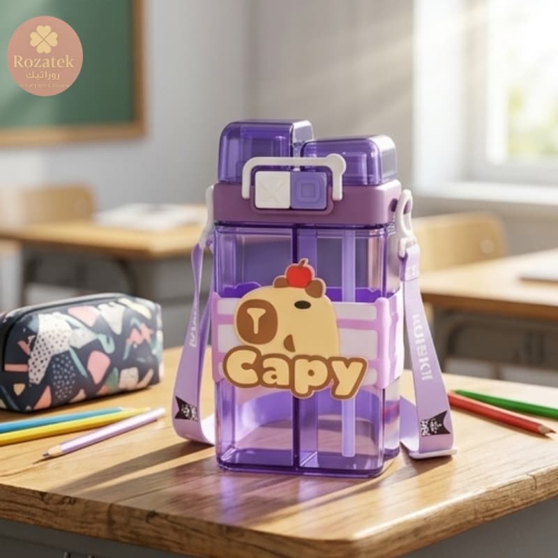 ترمس مياه كابيبارا (Capy) موفي مزدوج العزل 🦫 مع حزام سيليكون مرن ومصّاصة